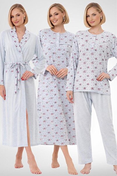 Mecit Pijama Mecit 6318 Mavi Büyük Beden Kadın Sabahlık Pijama Gecelik Set