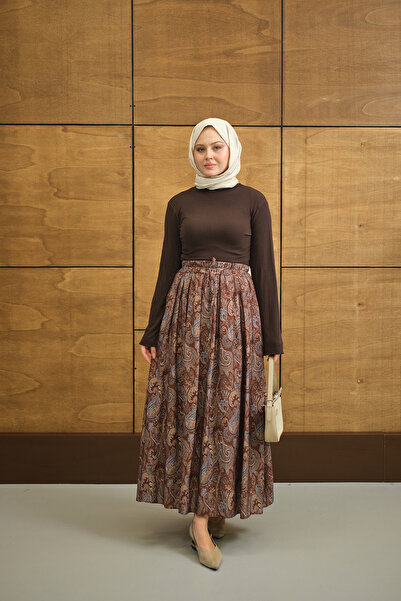 LOCCO Women's Elastic Waist Pocket Detail Ethnic Pattern Skirt Brown