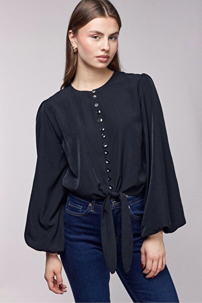 Saade Black Balloon Sleeve Button-Up Blouse with Tie Detail