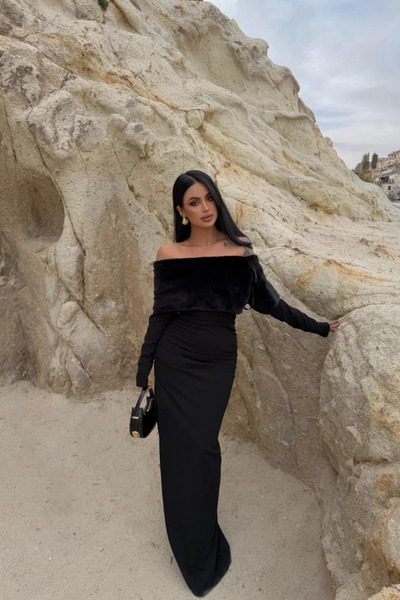 Sorridi فستان منسدل طويل شق مع ياقة من الفرو