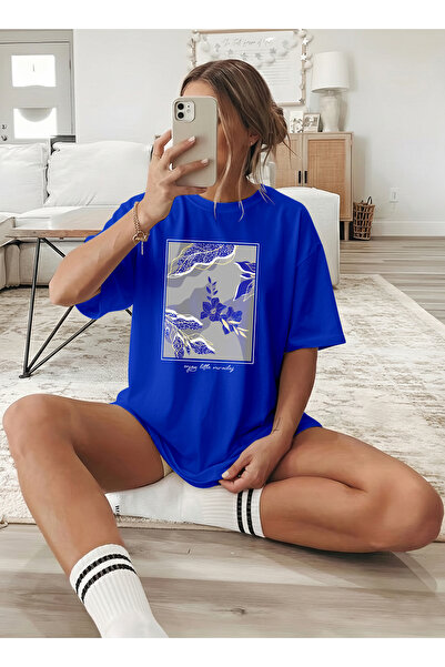 caddekombin تي شيرت نسائي برسومات نباتية برسومات جرافيكية B مطبوع S أزرق بلون...