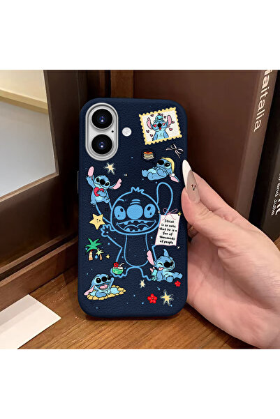 quırkshıeld iPhone 16 Compatible Blue Leather Textured Silicone Protects Camera Shock-Absorbing Case Stitch