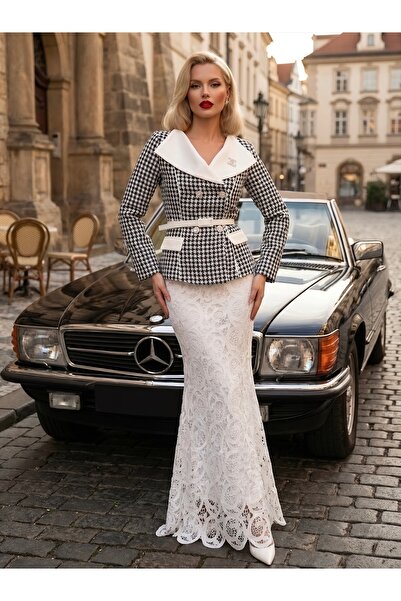 1Moda1Tarz Imported Fabric Top Button and Brooch Detail Belted Lined Special ...