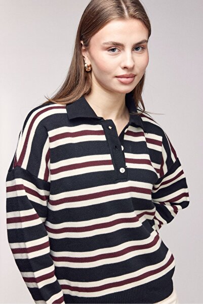 Saade Black Striped Polo Neck Buttoned Knit Sweater
