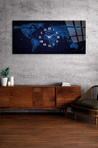 Olinpa KIRILMAZ CAM DUVAR SAATİ , HEM TABLO HEM SAAT DÜNYA HARİTASI IŞIKLI MO...