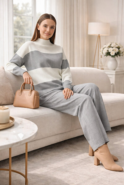 Kirazgym Women's Two-Color Half-Throated Knitwear Set - Gray