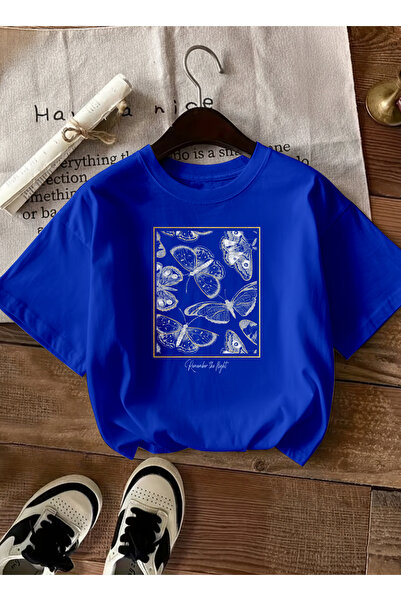 caddekombin تي شيرت نسائي ذو إطار ذهبي ونقشة الفراشة أزرق بلون الكوبالت باللو...