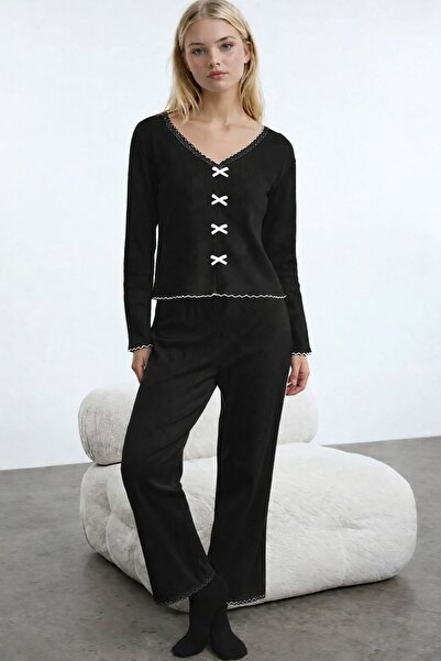 CARLA MARA Corded Fabric Knitted Pajama Sets with Cotton Lace and Bow Detail