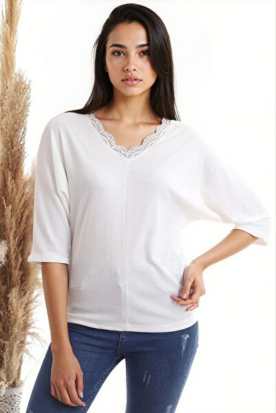 CARLA MARA Ribbed Knit Collar Lace Bat Sleeve Blouse Ecru