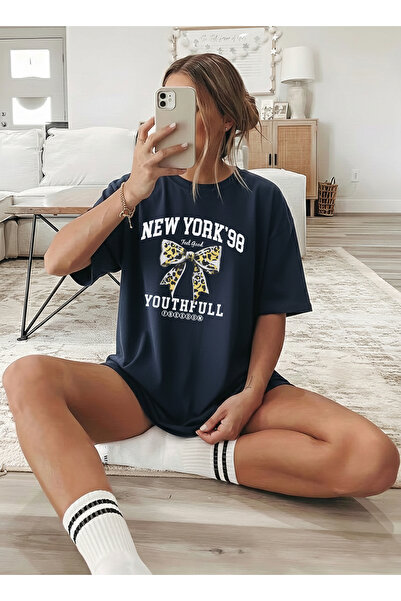 caddekombin Imprimeu grafic New York pentru femei cu imprimeu Bleumarin tricou