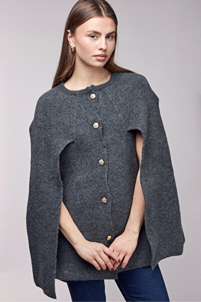 Saade Anthracite Crew Neck Gold Buttoned Poncho-Cape