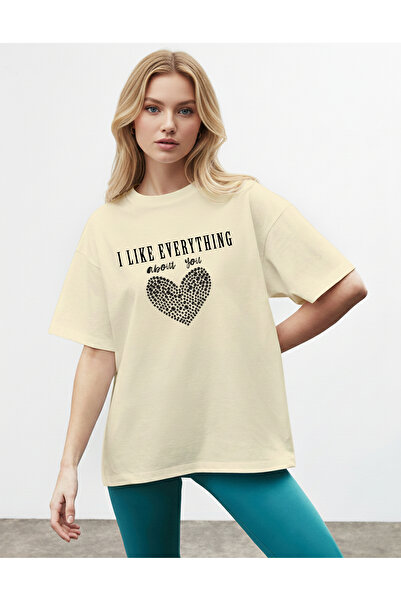 caddekombin Women's Crystal Sparkling Heart Figured Beige T-Shirt