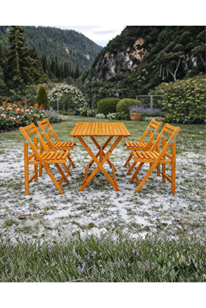 ALAÇAM MOBİLYA Sağlam Katlanır Ahşap Masa Sandalye Seti – 4 Sandalyeli Bahçe ...