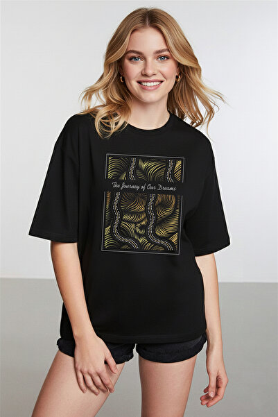 caddekombin Γυναικείο μπλουζάκι Işıltılı Wave Graphic με τύπωμα σε μαύρο χρώμα