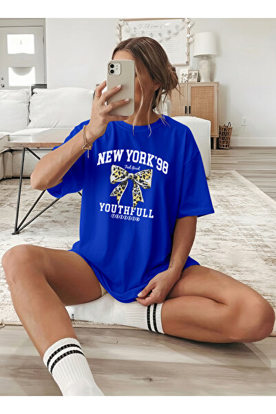 caddekombin Imprimeu grafic New York pentru femei cu imprimeu albastru cobalt...