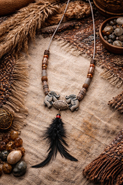 Anka Etnik El Yapımı İkili Fil Figürlü Bohem Kolye