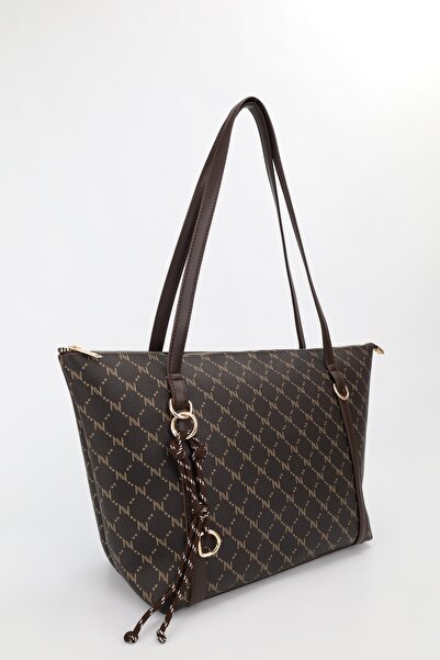NOTHING Kadın Monogram Kahve Halka Charm Detaylı Fermuarlı Omuz Çantası En42 Boy27 Sofia