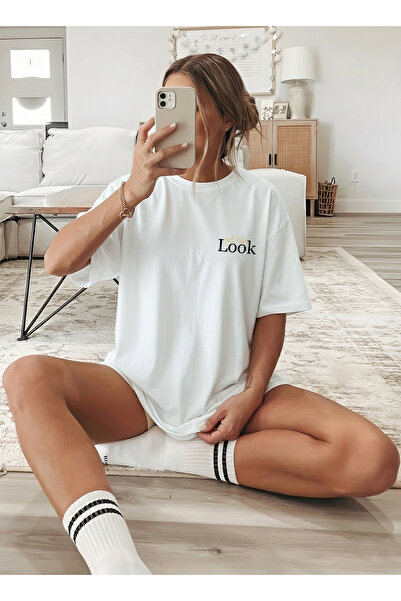 caddekombin Women's Look Yazılı Printed Crew Neck White T-Shirt