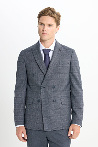 ALTINYILDIZ CLASSICS Ανδρικό σκούρο γκρι εφαρμοστό ελαστικό κοστούμι με καρό ...