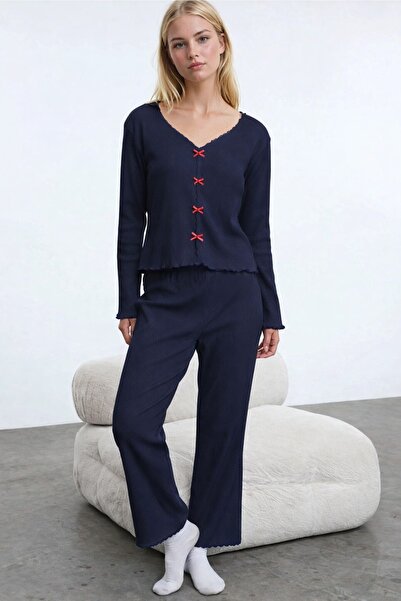 CARLA MARA Corded Fabric Knitted Pajama Sets with Cotton Lace and Bow Detail