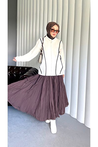 PİNK FLY Angora Leather Stripe Detailed Zippered Pocket Winter Cardigan