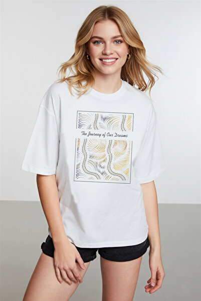 caddekombin Γυναικείο λευκό μπλουζάκι Sparkly Wave Graphic με τύπωμα