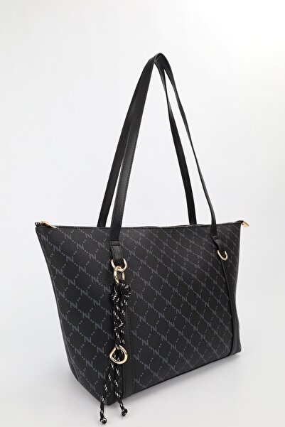NOTHING Kadın Monogram Siyah Halka Charm Detaylı Fermuarlı Omuz Çantası En42 Boy27 Sofia