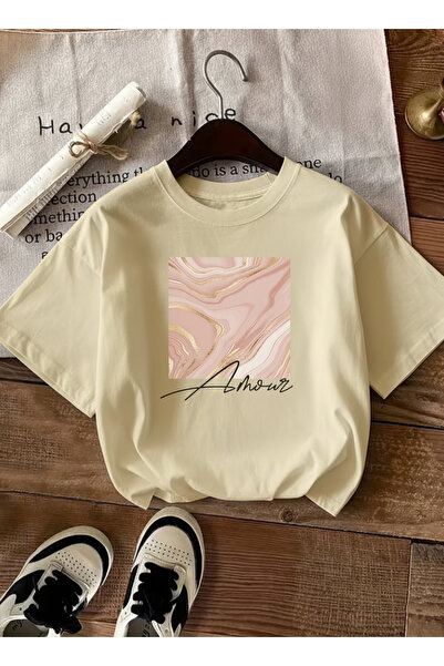 caddekombin Women's Rose Gold Sparkling Graphic Printed Beige T-Shirt