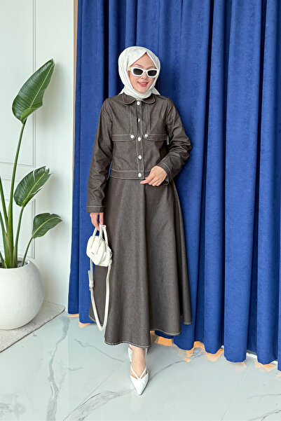 Tesettür Diyarı طقم تنورة وسترة من الدنيم من هولا - بني غامق