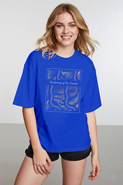 caddekombin Grafică Sparkly Wave pentru femei cu imprimeu albastru cobalt Alb...