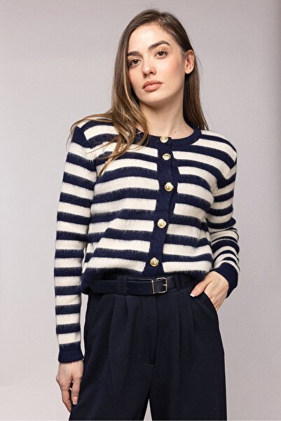 Saade Navy Blue Striped Gold Buttoned Crew Neck Cardigan