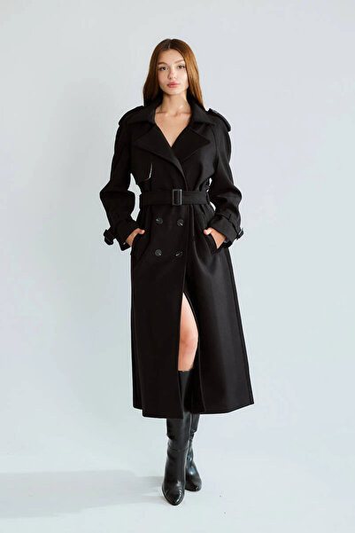 cemo Kruvaze Kapamalı Belden Bağlamalı Kaşe Kaban