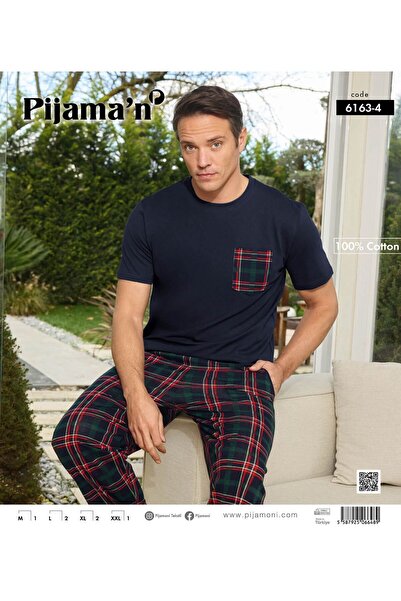 Pijamoni Lacivert Renkli Pamuklu Kısa Kollu Erkek Pijama Takımı