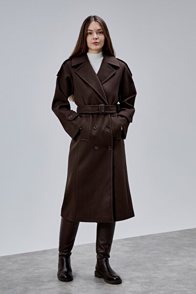 Bolivente Acı Kahve Regular Epaulet Detailed Double-Breasted Cashmere Coat