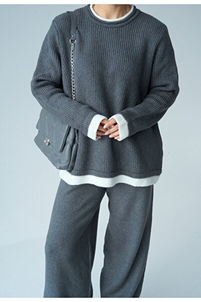Mars Yaka ve Kol Detaylı Triko Kazak - Palazzo Pantolon Rahat Takım