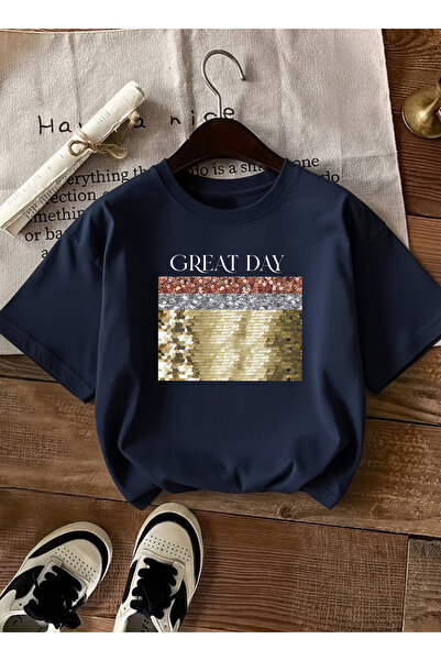 caddekombin Tricou de damă cu paiete aurii brodate B guler rotund bleumarin