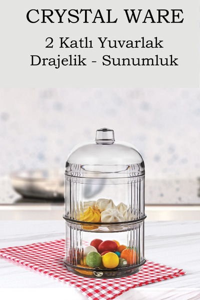 Crystal Ware 2 Katlı Yuvarlak Drajelik, Şekerlik, Kahve Yanı Şeffaf Sunumluk ...