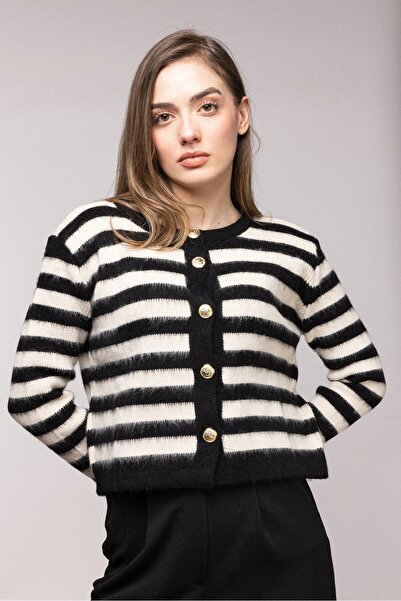 Saade Black Striped Gold Buttoned Crew Neck Cardigan