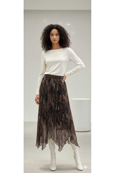 salome butik Batik Patterned Chiffon Skirt with Elastic Waist