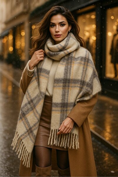 yakestore YAKE STORE Kadın Bej Ekose Desenli Atkı-Şal SAL1297 - Bej