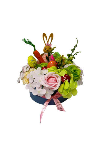 velve Easter floral arrangement, rabbit decoration, roses, carnations, soap h...