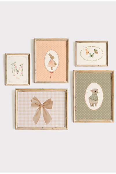 leilart Vintage pastel tonlarda tavşan, kuzu ve çiçek temalı 5’li Çerçevesiz