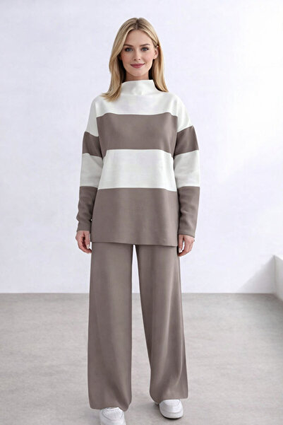 Kirazgym طقم تريكو نسائي نصف رقبة بلونين - ترابي