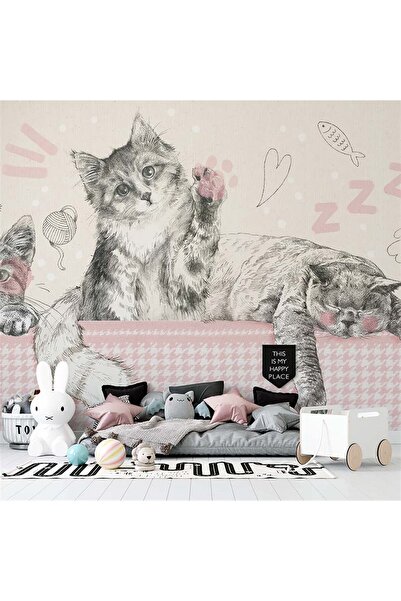 Grown Şirin Yavru Kedili Pembe Çocuk Odası Duvar Kağıdı