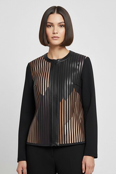 Deriderim جاكيت جلد طبيعي نسائي مطبوع من الجلد الأسود اللوني على قماش لونا تول