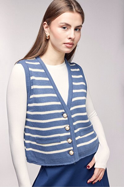Saade Blue Striped Pearl Button V-Neck Knitwear Vest