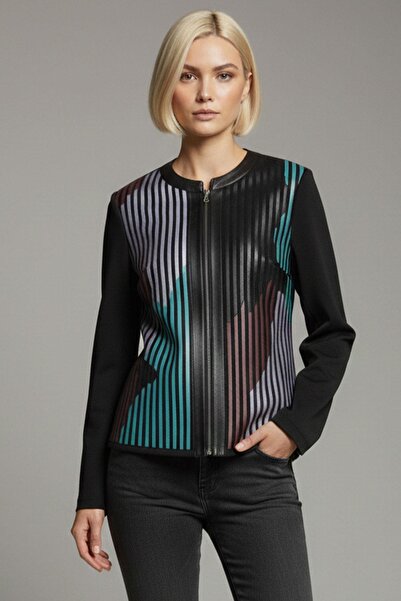 Deriderim جلد مخطط باللون الأزرق العنابي والأسود على قماش تول لونا مطبوع سترة...