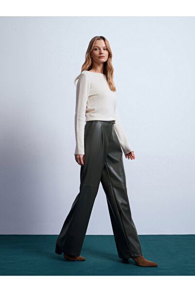 Dilvin 72238 Faux Leather Wide Leg Trousers-Green