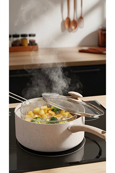 Generic Turkish frying pan, beige, with glass lid – 26 cm