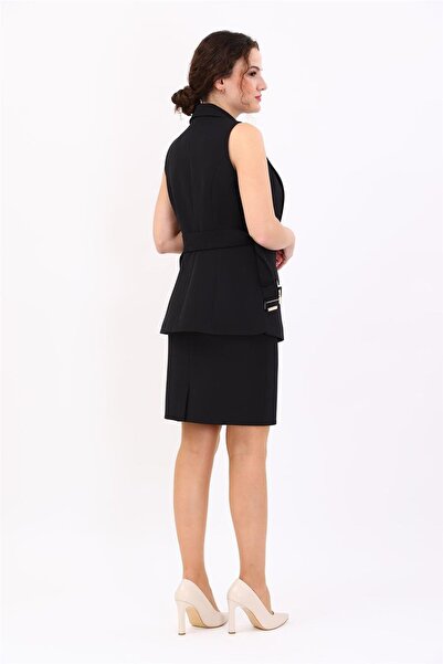 ÖNDER ÖZSOY Square Collar Buttoned Modern Vest & Mini Slit Short Tight Skirt ...
